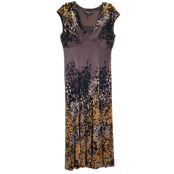 Jone New York Cap Sleeve Brown Yellow Abstract Floral Empire Waist Maxi Dress 14 - Picture 1 of 5